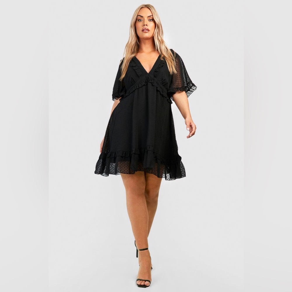 PLUS DOBBY MESH RUFFLE ANGEL SLEEVE SKATER DRESS